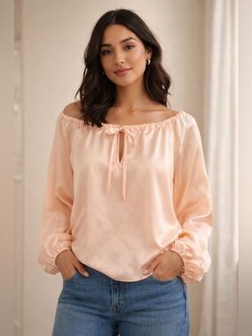 Inclán / Peach Satin Peasant Blouse - Sz L - NWOT